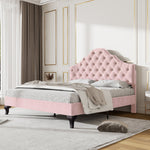 Upholstered Bed 140x200cm Adjustable Headboard Slatted Base - Velvet Pink