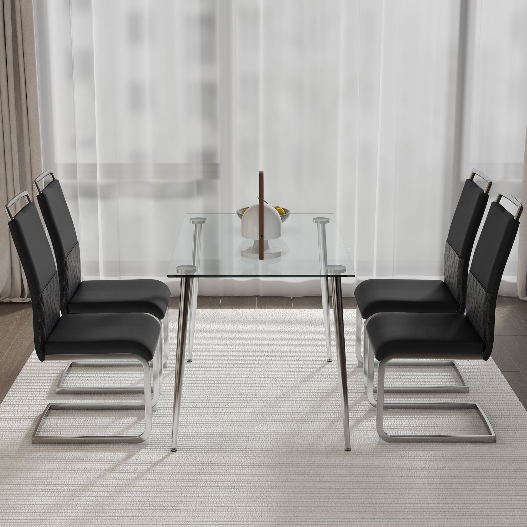 Modern Dining Chairs Set of 4, High-Backed Upholstered Side Chair with Horizontal Stripe Backrest, Black PU Leather and Linen