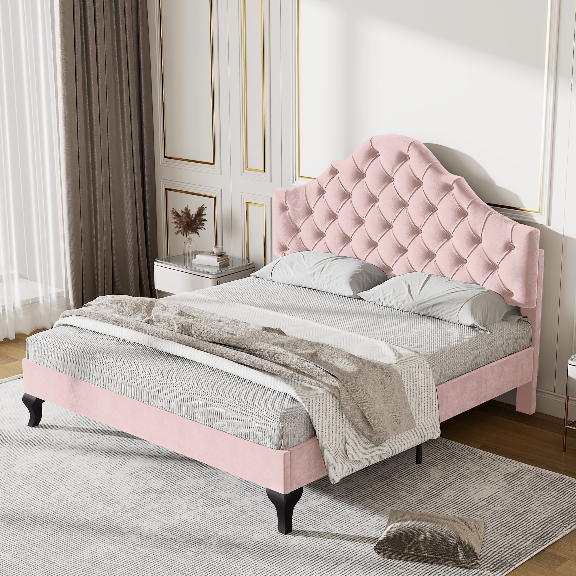 Upholstered Bed 140x200cm Adjustable Headboard Slatted Base - Velvet Pink
