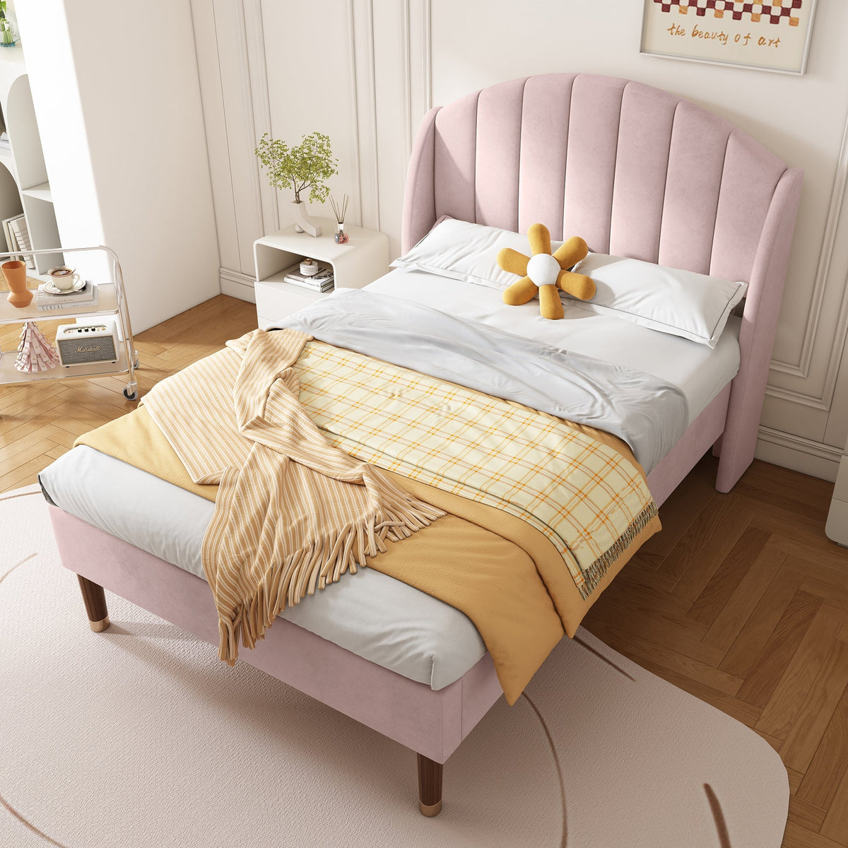 Upholstered Single Bed 90x200cm Slatted Base Headboard - Velvet Pink