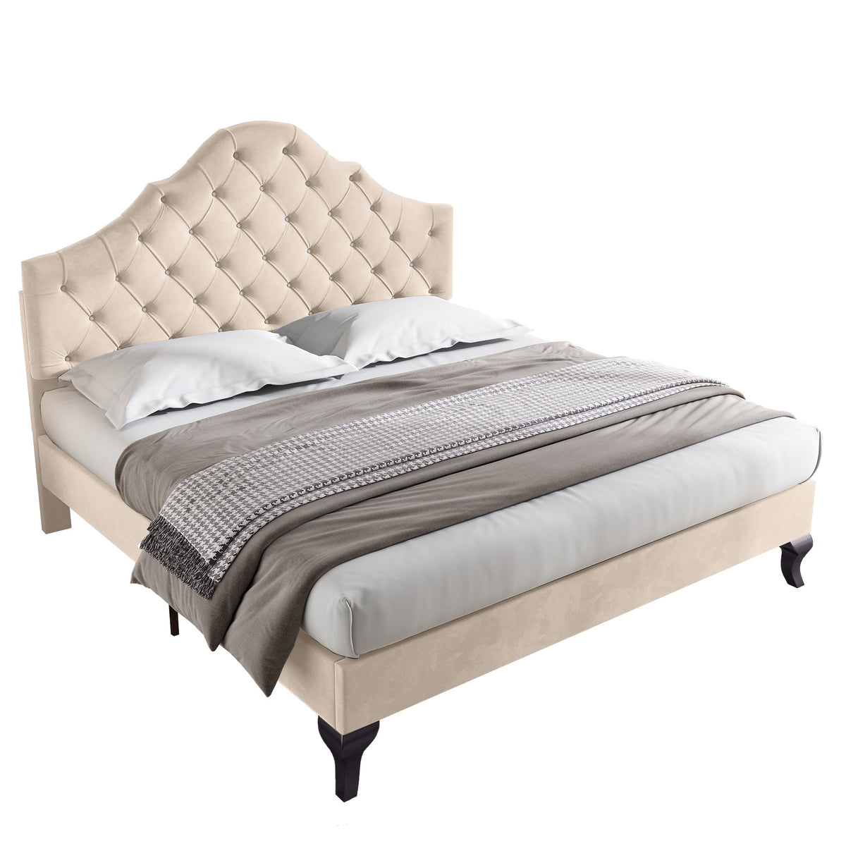 Upholstered Bed 140x190cm Height Adjustable Headboard Slatted Base Beige Velvet