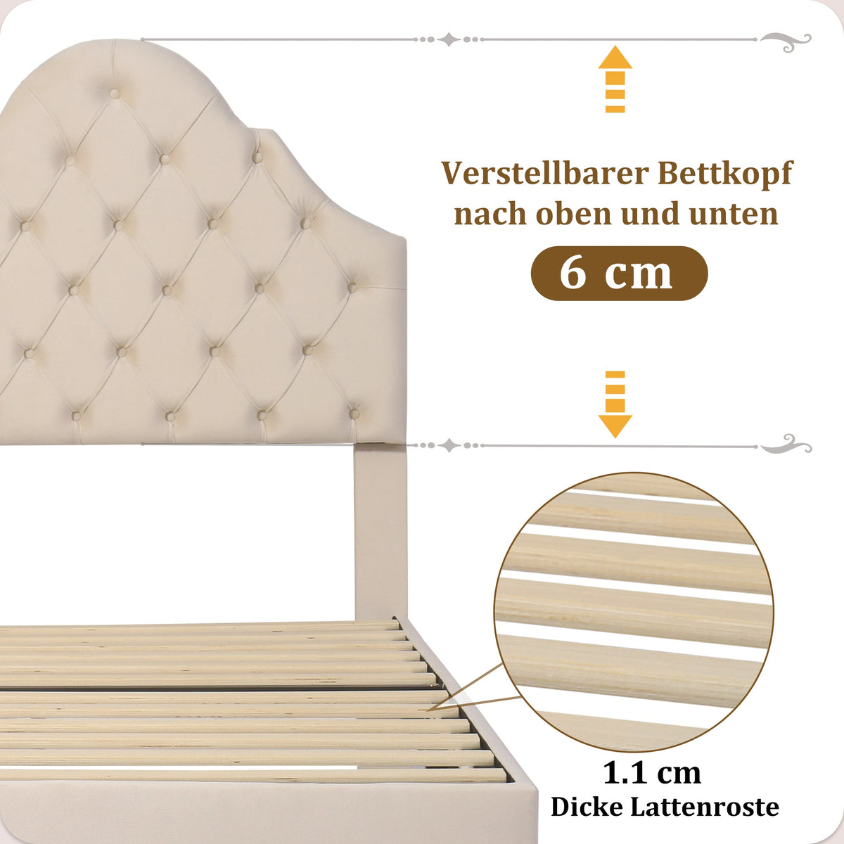 Upholstered Single Bed 90x200cm Adjustable Headboard Slatted Frame - Velvet Beige