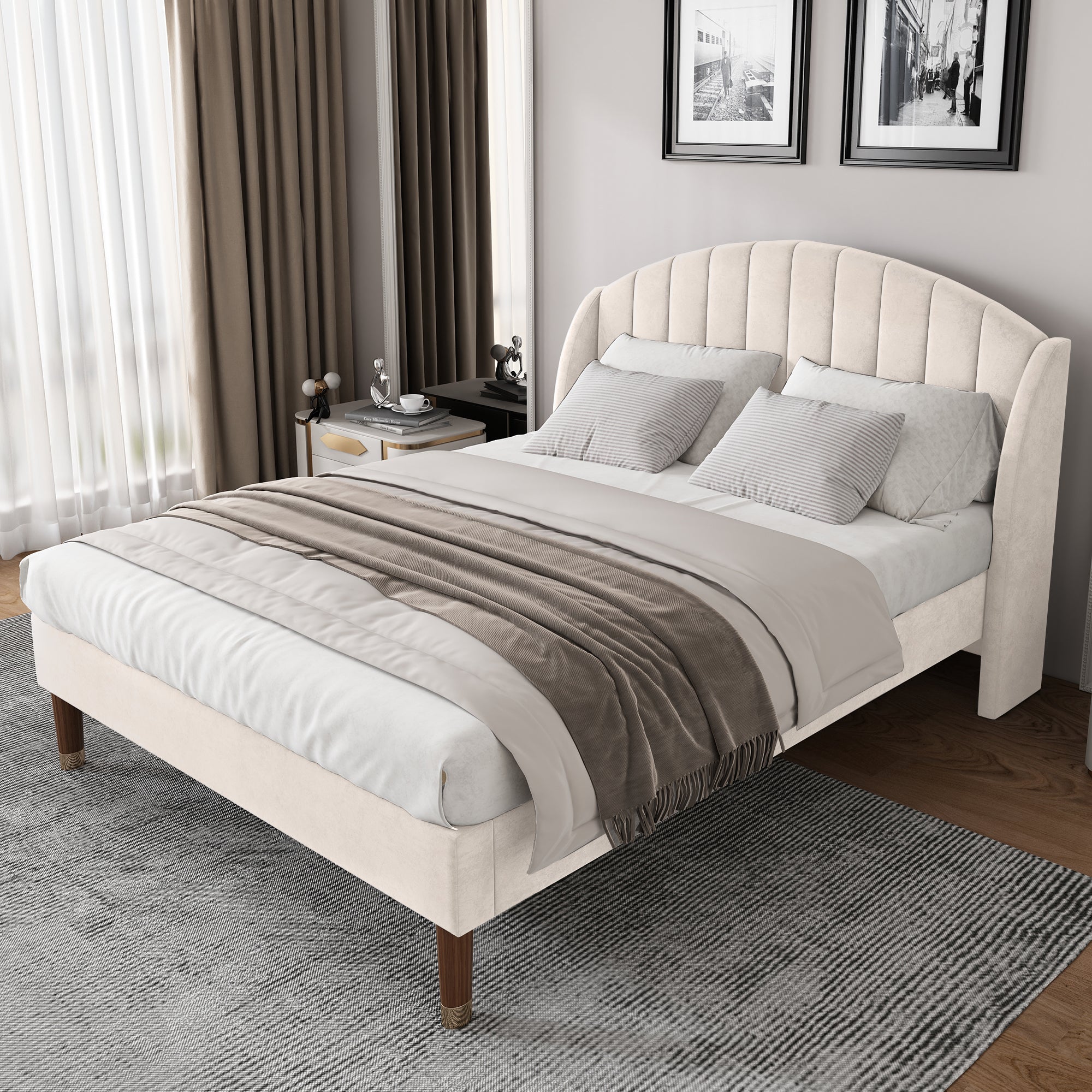 Upholstered Bed 140x200 Slatted Base Headboard - Velvet Beige
