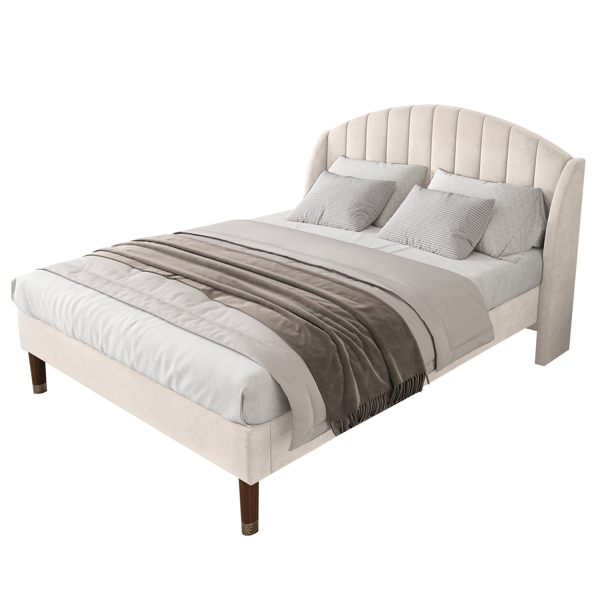 Upholstered Bed 140x200 Slatted Base Headboard - Velvet Beige