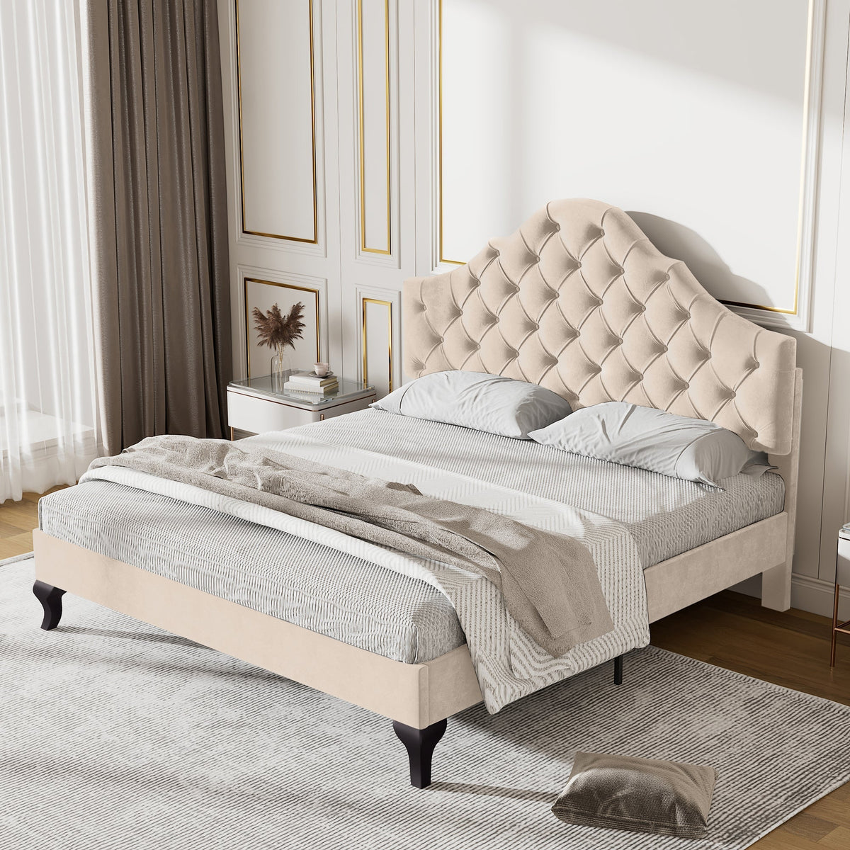 Upholstered Bed 140x190cm Height Adjustable Headboard Slatted Base Beige Velvet