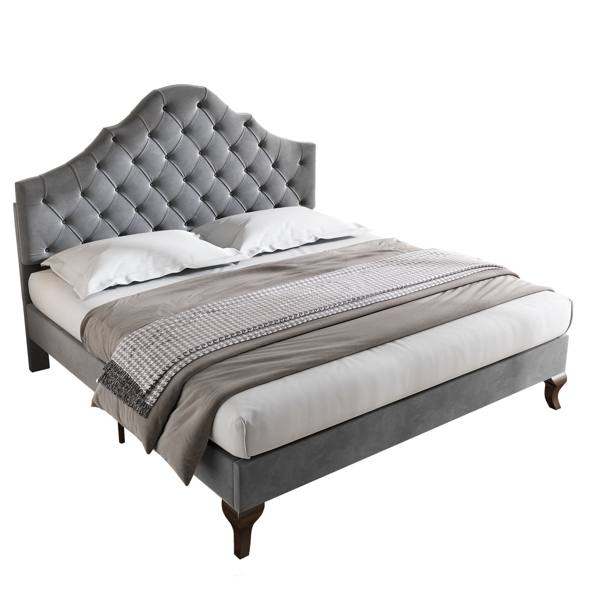 Upholstered Bed with Slatted Frame and Height-Adjustable Headboard, 140x200, Gray Velvet