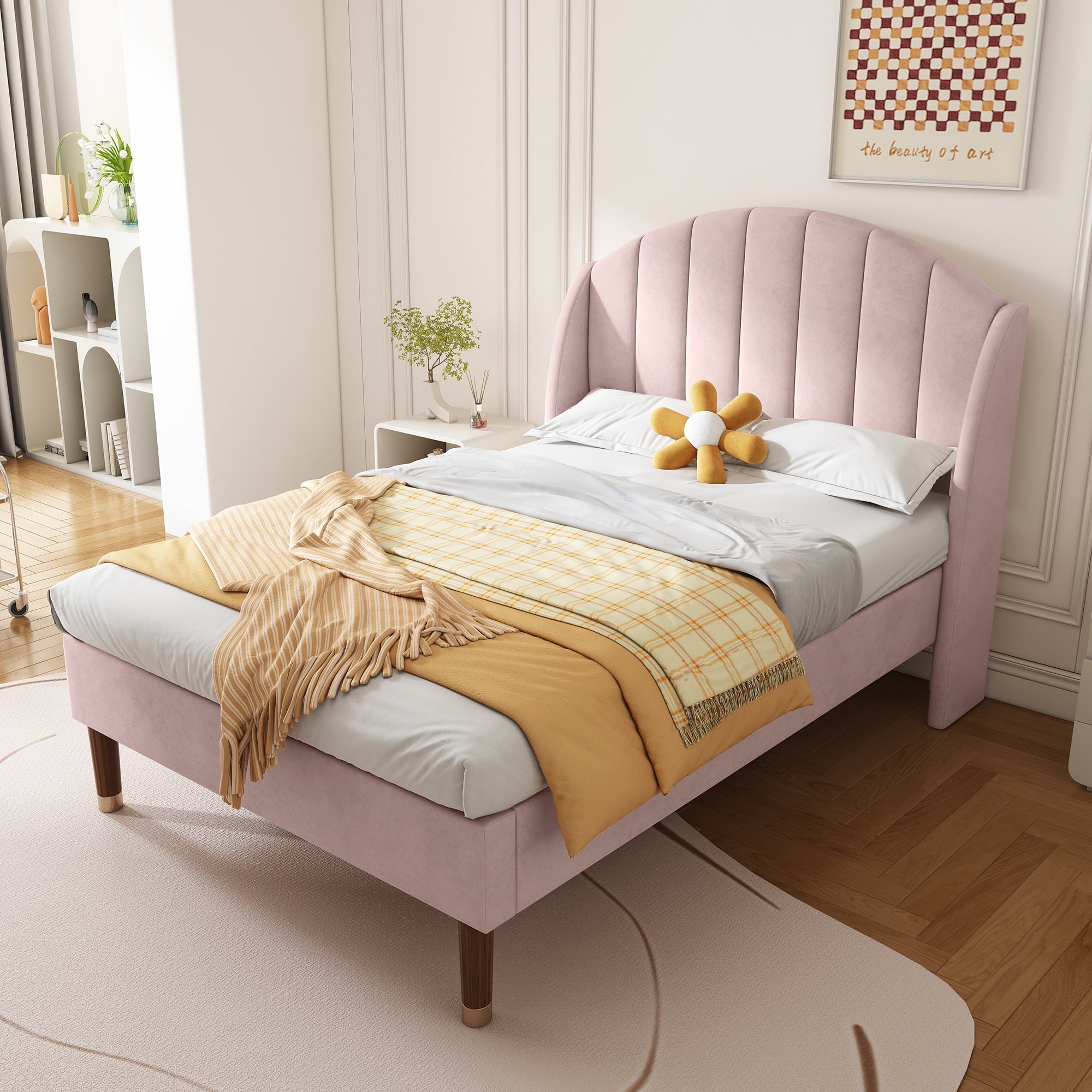 Upholstered Single Bed 90x200cm Slatted Base Headboard - Velvet Pink