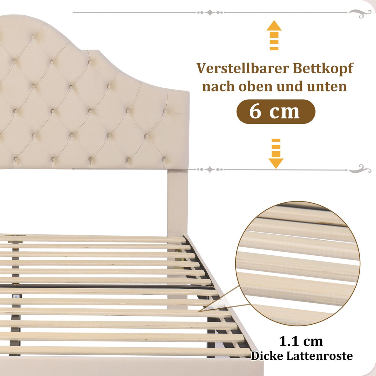 Upholstered Bed 140x190cm Height Adjustable Headboard Slatted Base Beige Velvet