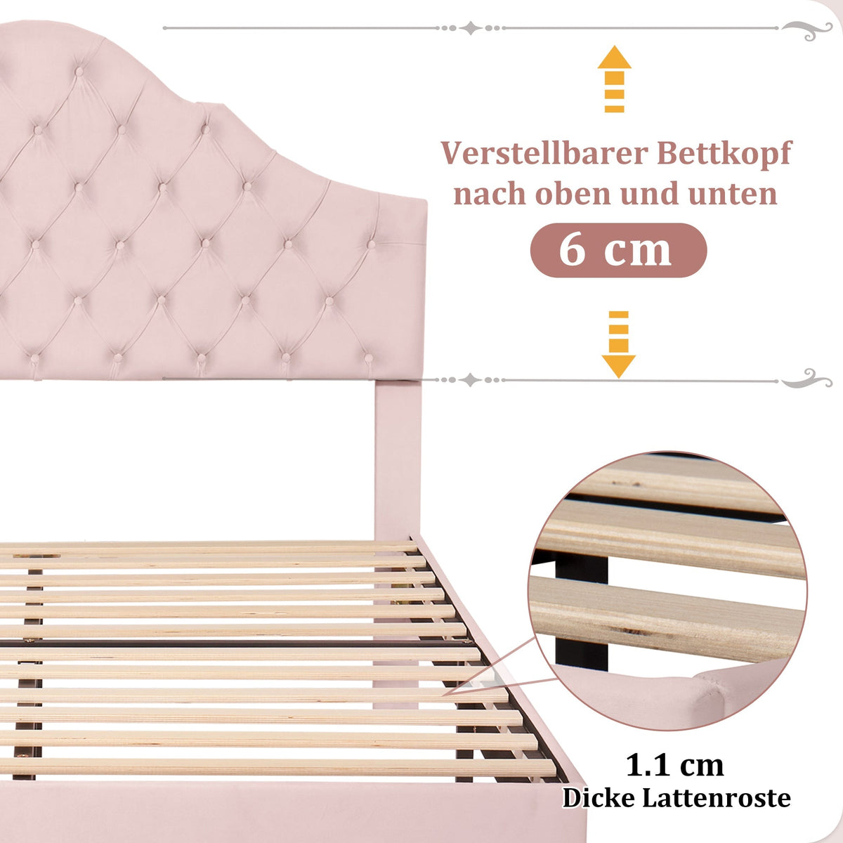Upholstered Bed 140x200cm Adjustable Headboard Slatted Base - Velvet Pink