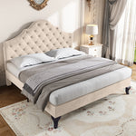 Upholstered Bed 140x190cm Height Adjustable Headboard Slatted Base Beige Velvet