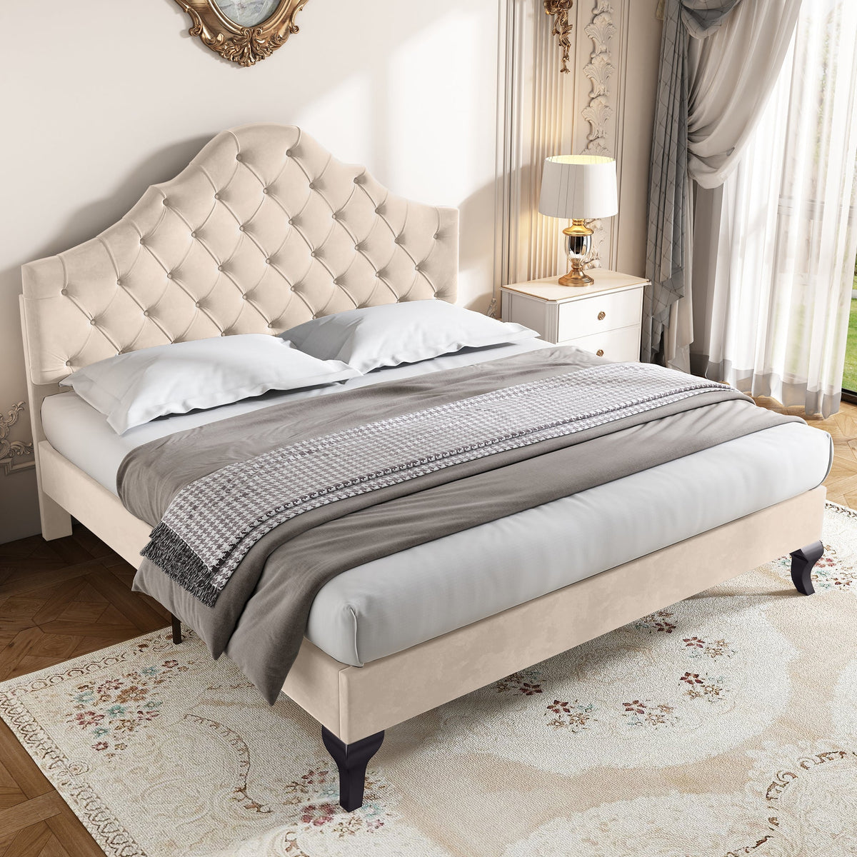 Upholstered Bed 140x190cm Height Adjustable Headboard Slatted Base Beige Velvet