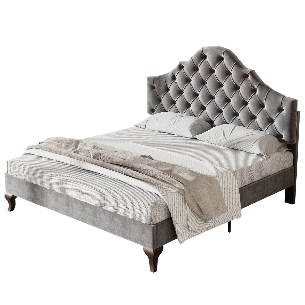 Upholstered Bed with Slatted Frame and Height-Adjustable Headboard, 140x200, Gray Velvet
