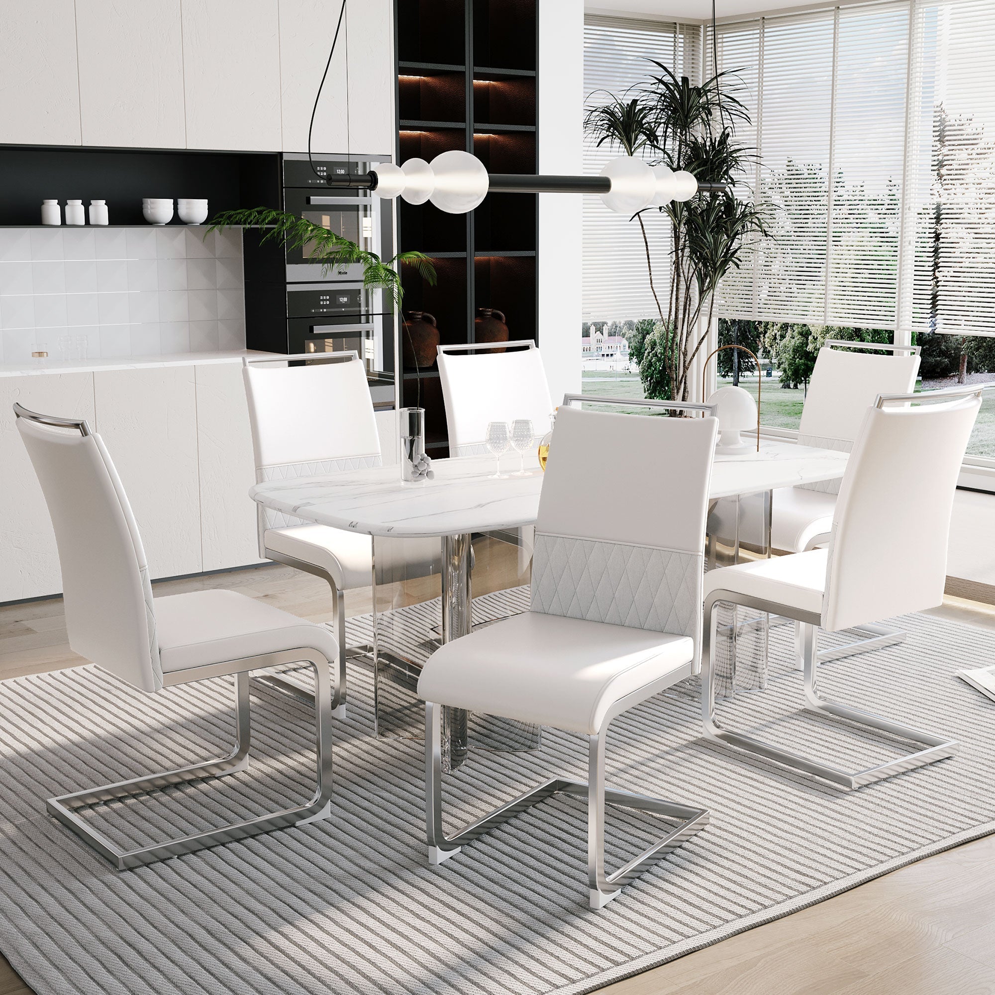 Dining Chairs Set of 6 Upholstered High-Back PU Leather Linen White