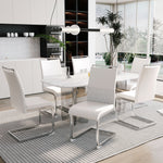 Dining Chairs Set of 6 Upholstered High-Back PU Leather Linen White