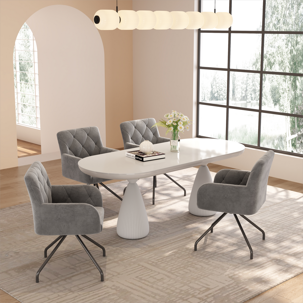 Dining Chairs Set of 4 with Diamond Pattern and Lumbar Support, Light Grey Velvet