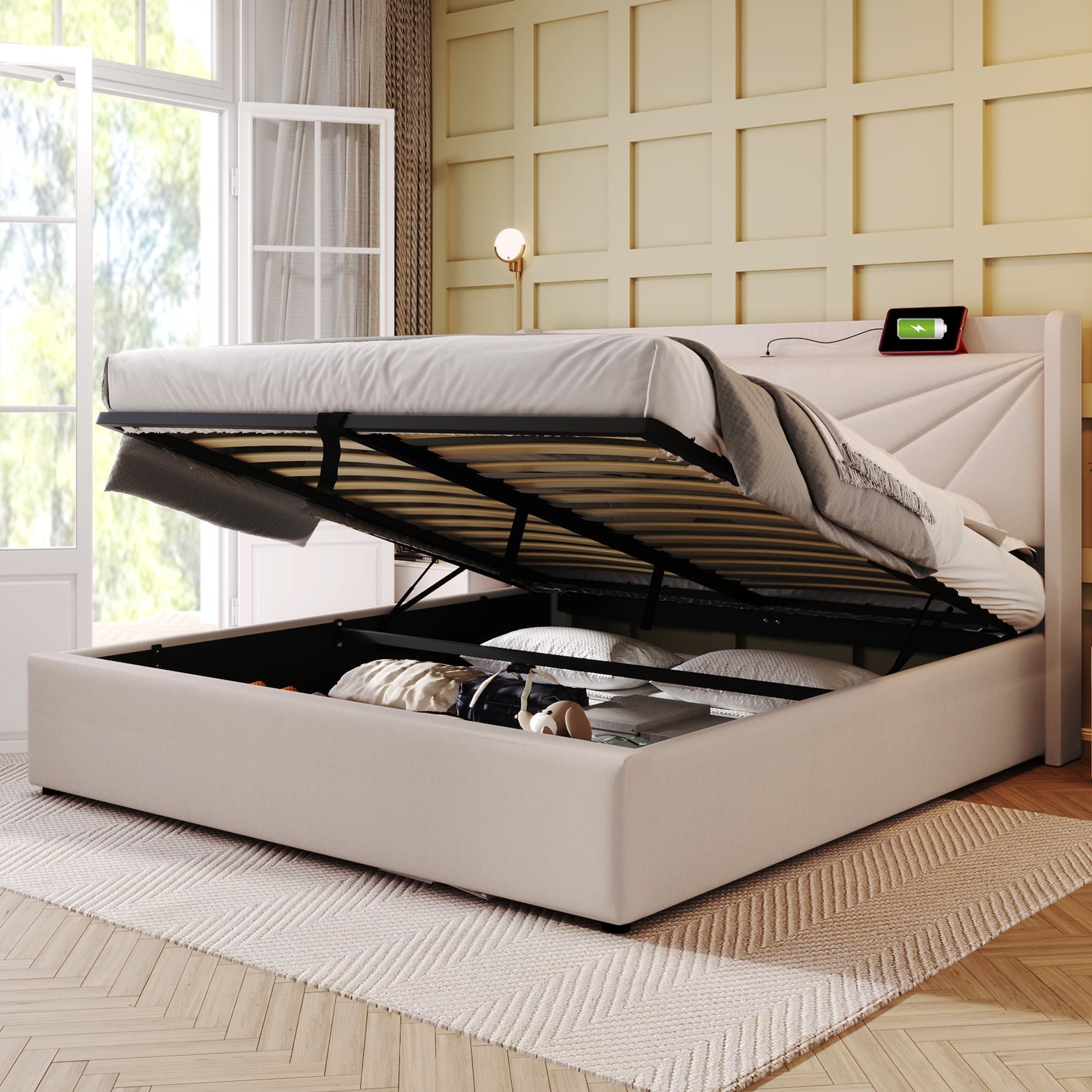 Upholstered Double Bed with Storage and USB Charging, 180x200cm, Grey Linen