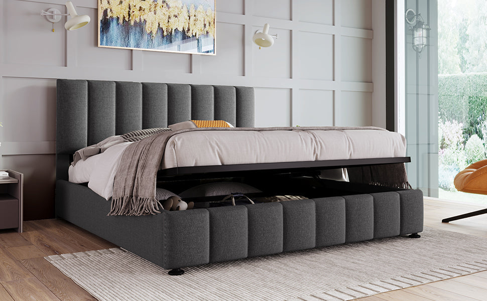 Upholstered Double Bed 140x200cm Hydraulic Storage Adjustable Headboard - Grey Linen