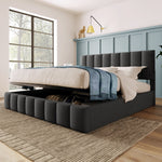 Hydraulic Double Upholstered Bed, Adjustable Headboard with Storage and Mattress, Grey Linen