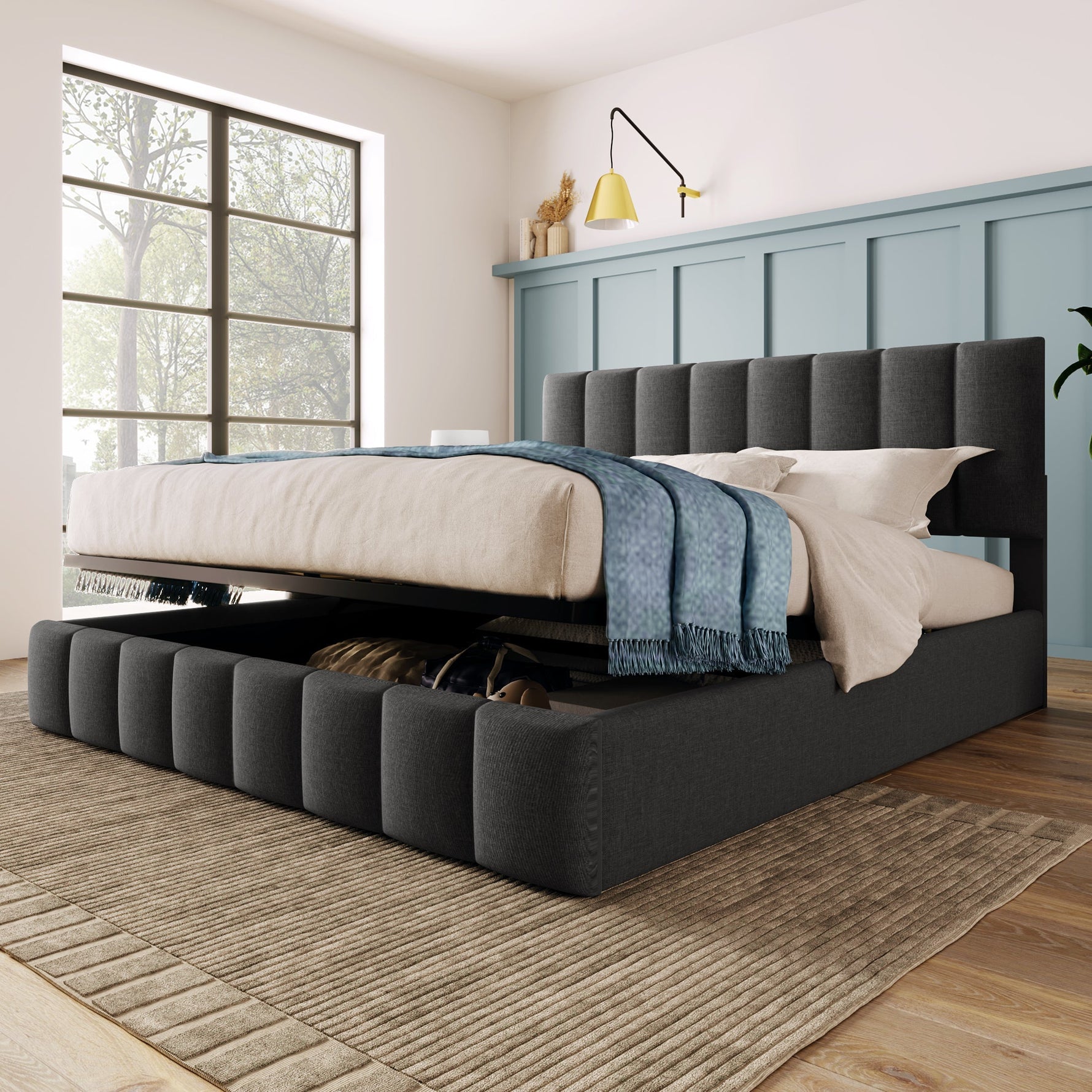 Upholstered Double Bed 140x200cm Hydraulic Storage Adjustable Headboard - Grey Linen