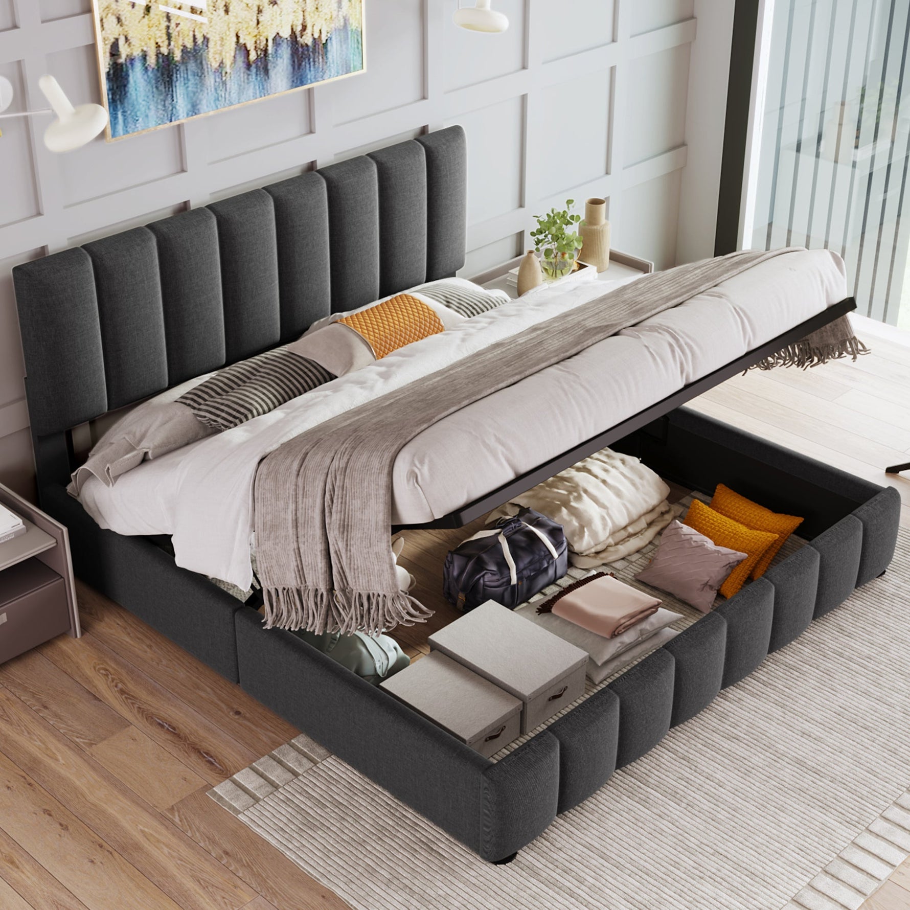 Upholstered Double Bed 140x200cm Hydraulic Storage Adjustable Headboard - Grey Linen
