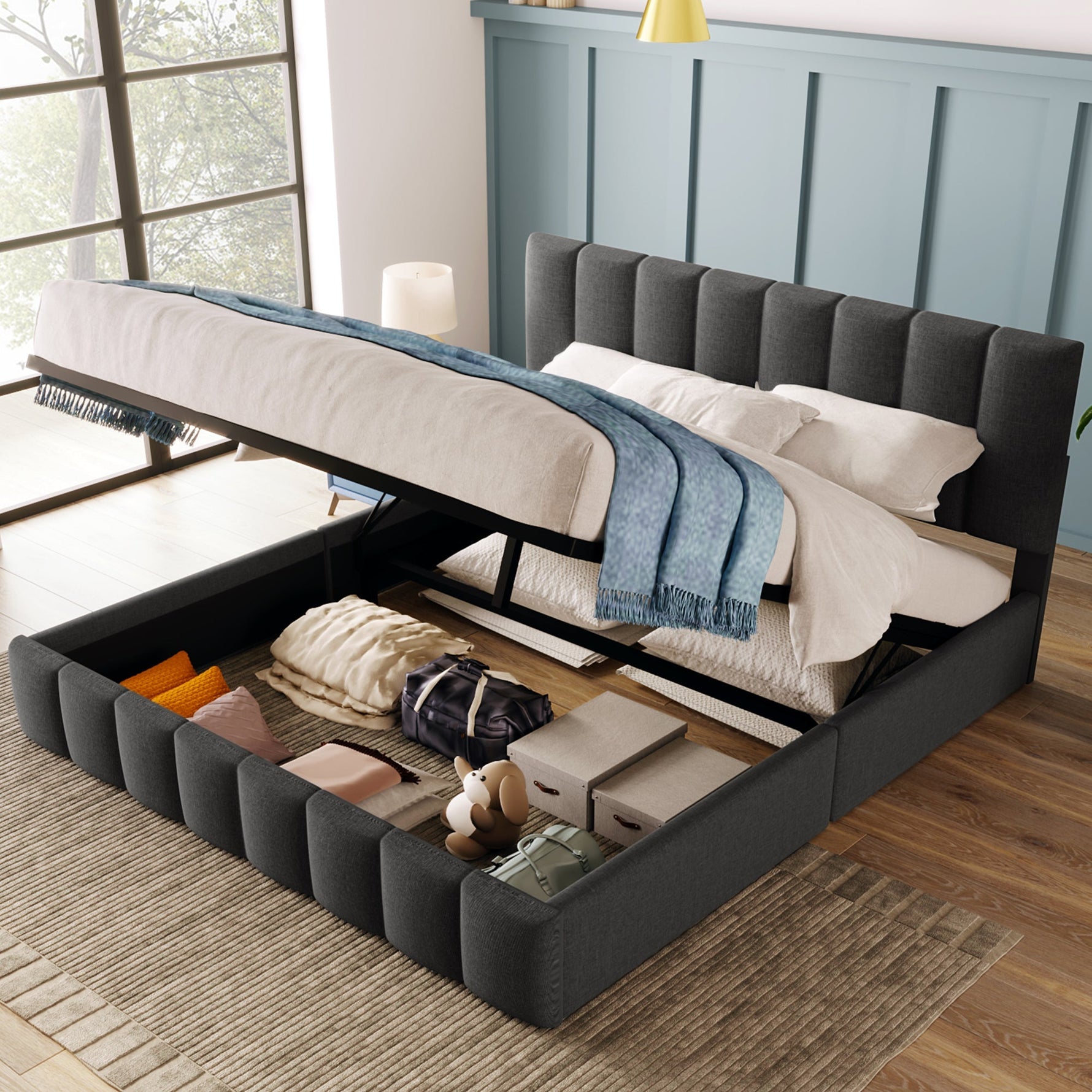 Upholstered Double Bed 140x200cm Hydraulic Storage Adjustable Headboard - Grey Linen