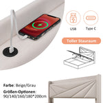 Upholstered Bed, Double, Storage, USB-C Headboard, 140x200, Linen