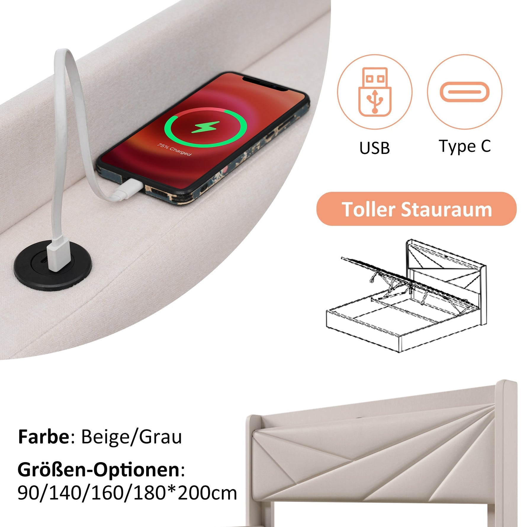 Upholstered Bed, Double, Storage, USB-C Headboard, 140x200, Linen