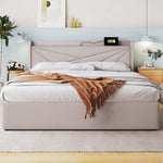 Upholstered Bed, Double, Storage with USB Type C Headboard, Linen