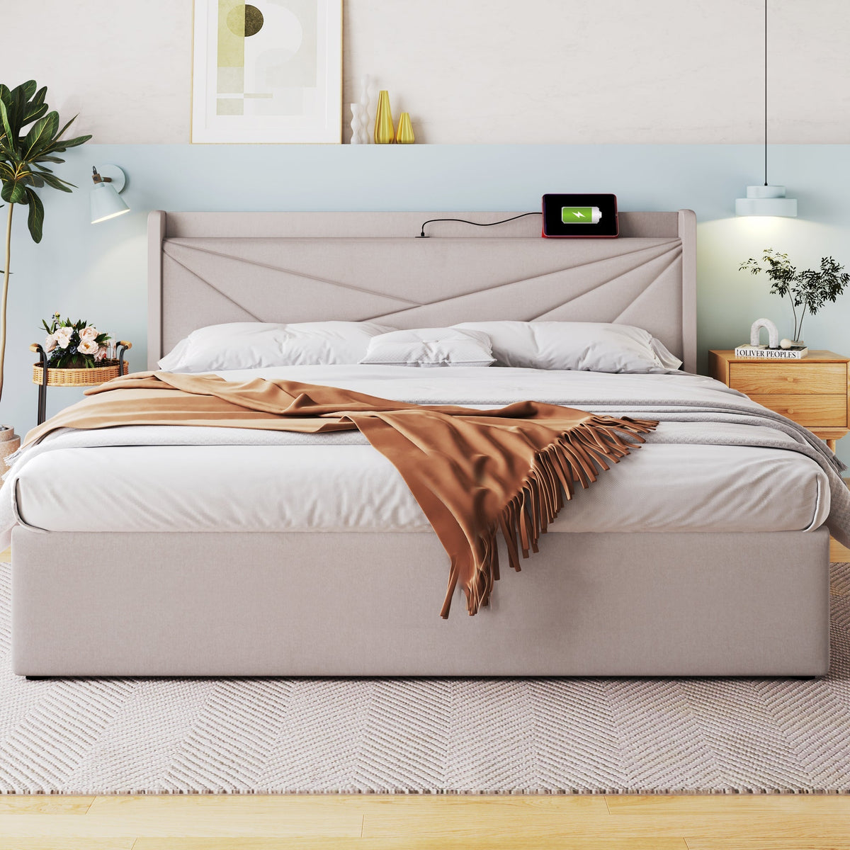 Upholstered Bed, Double, Storage with USB Type C Headboard, Linen