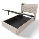 Upholstered Bed, Single with Storage & USB Type-C Headboard, Linen