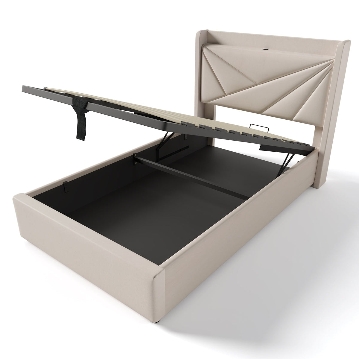 Upholstered Bed, Single with Storage & USB Type-C Headboard, Linen