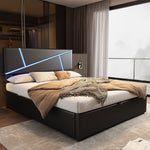 Upholstered Bed 90x200cm Hydraulic Storage LED - Black Synthetic Leather