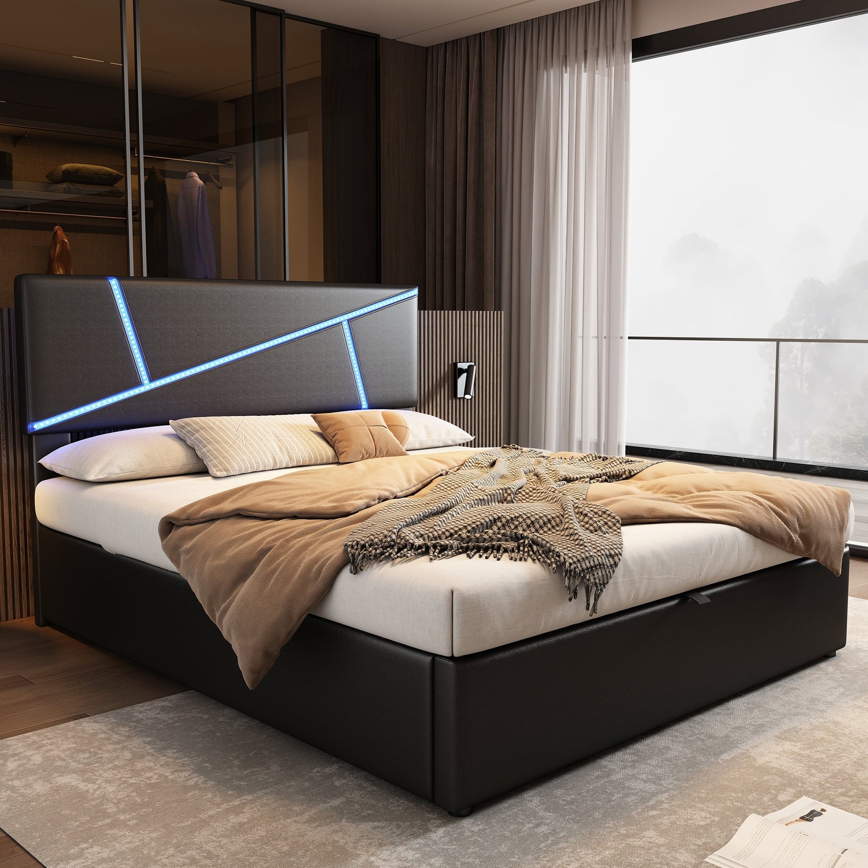 Upholstered Bed 90x200cm Hydraulic Storage LED - Black Synthetic Leather