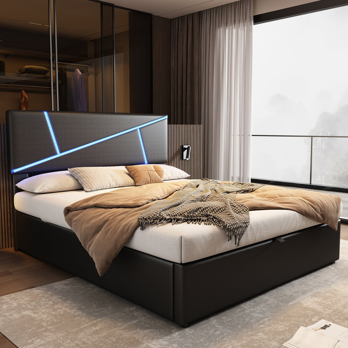 Upholstered Bed 140x200cm Double Hydraulic LED - Synthetic Leather Black