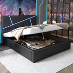 Upholstered Bed 90x200cm Hydraulic Storage LED - Black Synthetic Leather