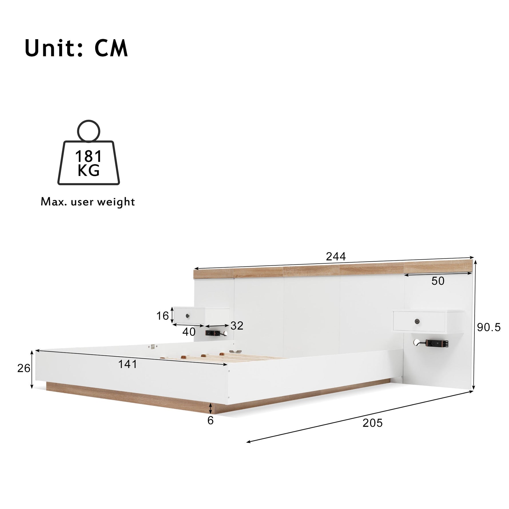 Double Bed Set with 2 LED Nightstands & USB C Socket, 140x200cm Wooden, Sonoma Oak/White