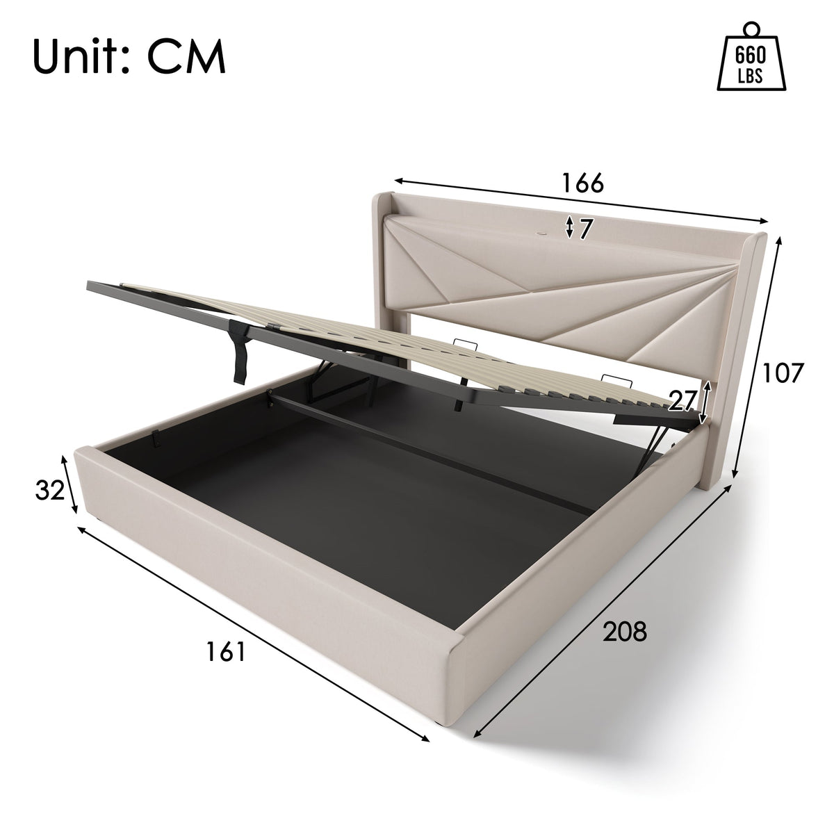 Upholstered Double Bed, Storage with USB Type C Headboard, Linen