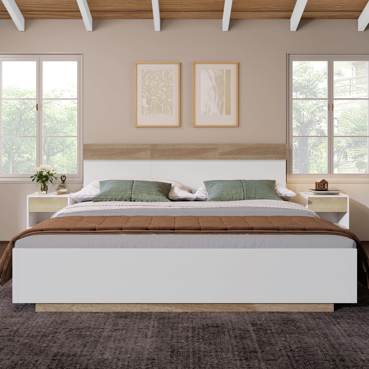 Double Wooden Bed, Floating Bed with Headboard & Slatted Frame, Sonoma Oak/White