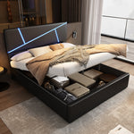 Upholstered Bed 90x200cm Hydraulic Storage LED - Black Synthetic Leather