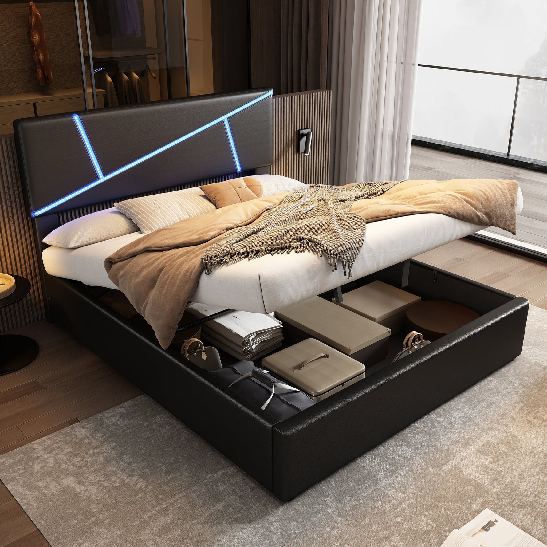 Upholstered Bed 90x200cm Hydraulic Storage LED - Black Synthetic Leather