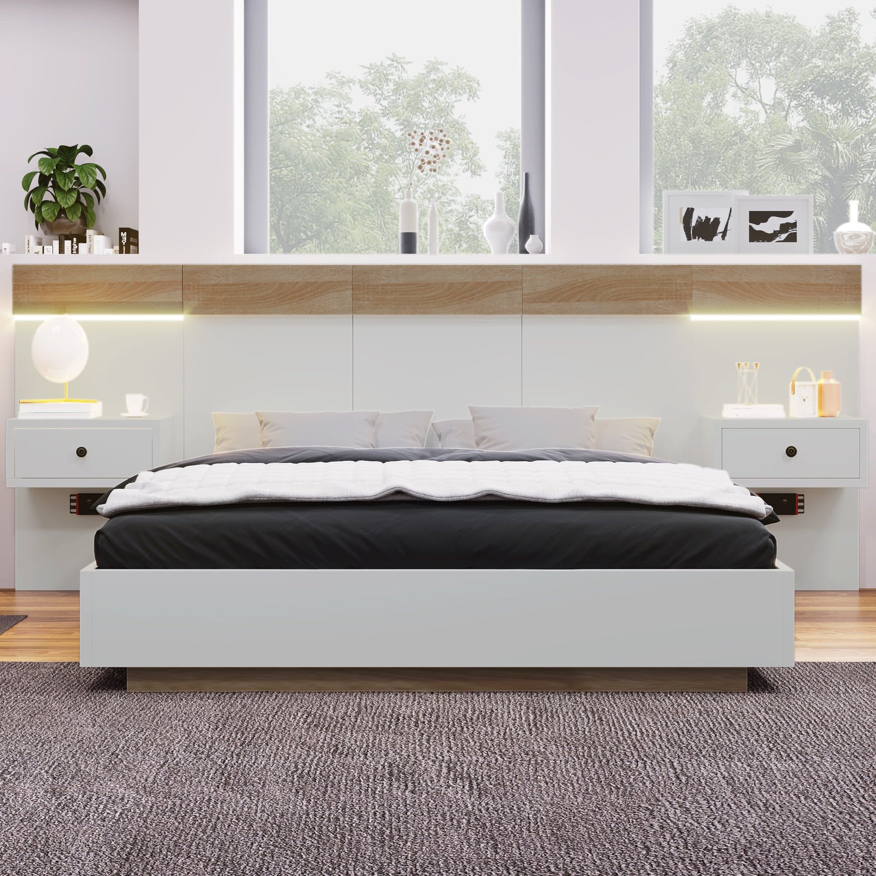 Double Bed Set with 2 LED Nightstands & USB C Socket, 180 x 200 cm, Sonoma Oak/White Wood