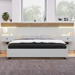 Double Bed Set with 2 LED Nightstands & USB C Socket, 140x200cm Wooden, Sonoma Oak/White