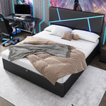 Upholstered Bed 90x200cm Hydraulic Storage LED - Black Synthetic Leather