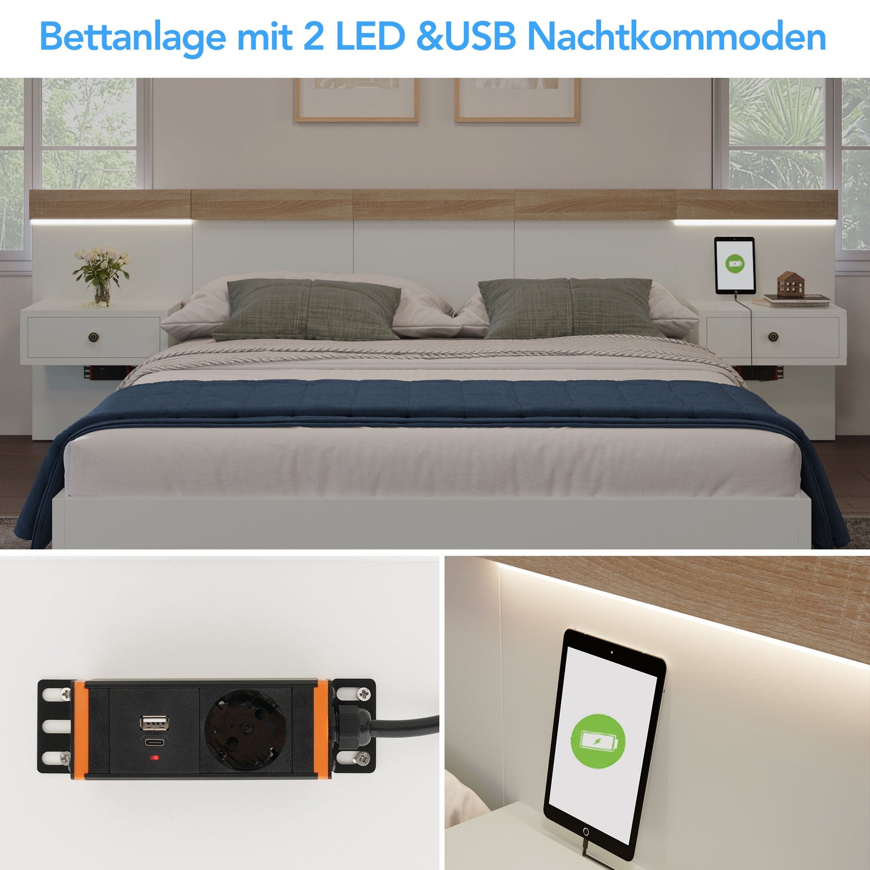 Double Bed Set with 2 LED Nightstands & USB C Socket, 180 x 200 cm, Sonoma Oak/White Wood