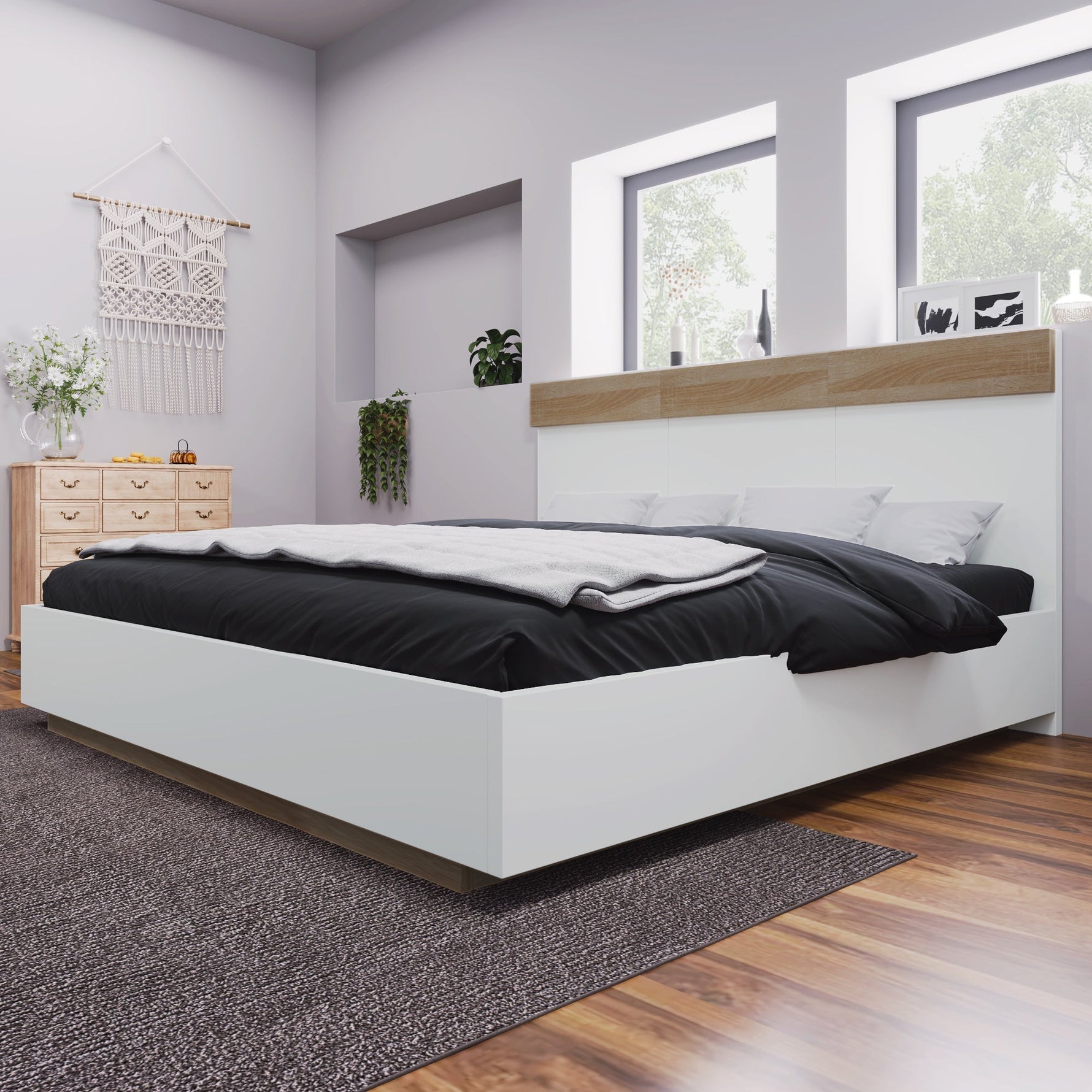 Double Bed, Floating Headboard Slatted Base 205x164x90.5cm, Sonoma Oak/White