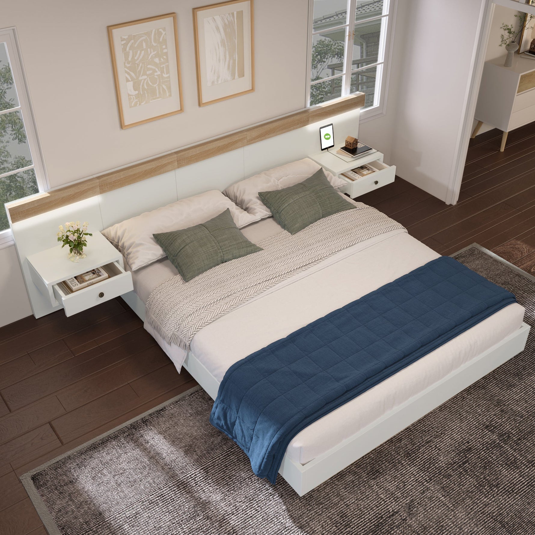 Double Bed Set, 160x200 cm, 2 LED Nightstands & USB C Socket, Wooden, Sonoma Oak/White