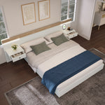 Double Bed Set with 2 LED Nightstands & USB C Socket, 140x200cm Wooden, Sonoma Oak/White