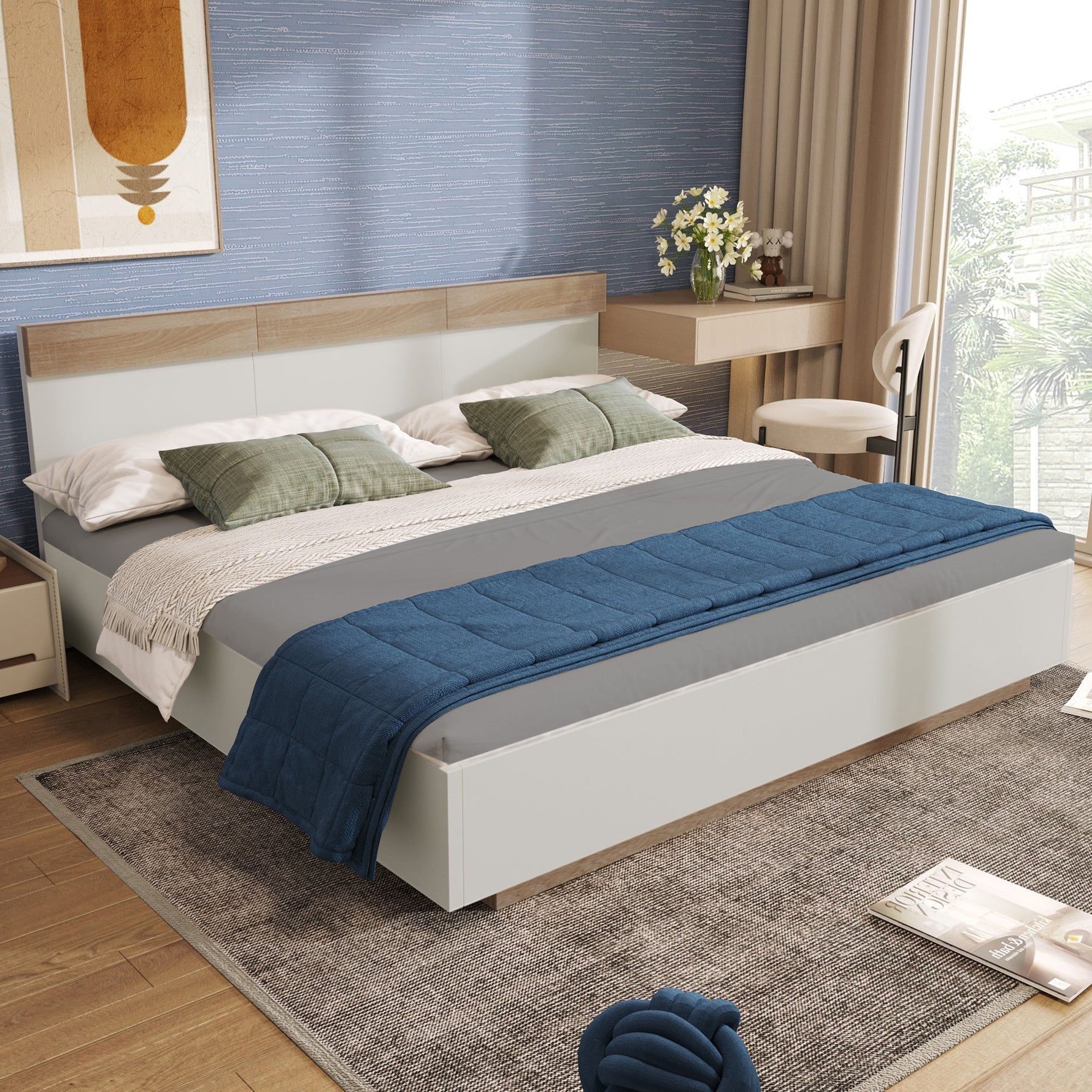 Double Bed, Floating Headboard Slatted Base 205x164x90.5cm, Sonoma Oak/White
