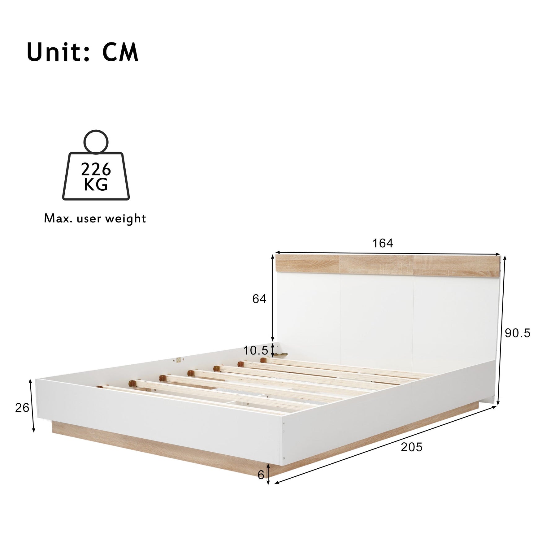 Double Bed, Floating Headboard Slatted Base 205x164x90.5cm, Sonoma Oak/White