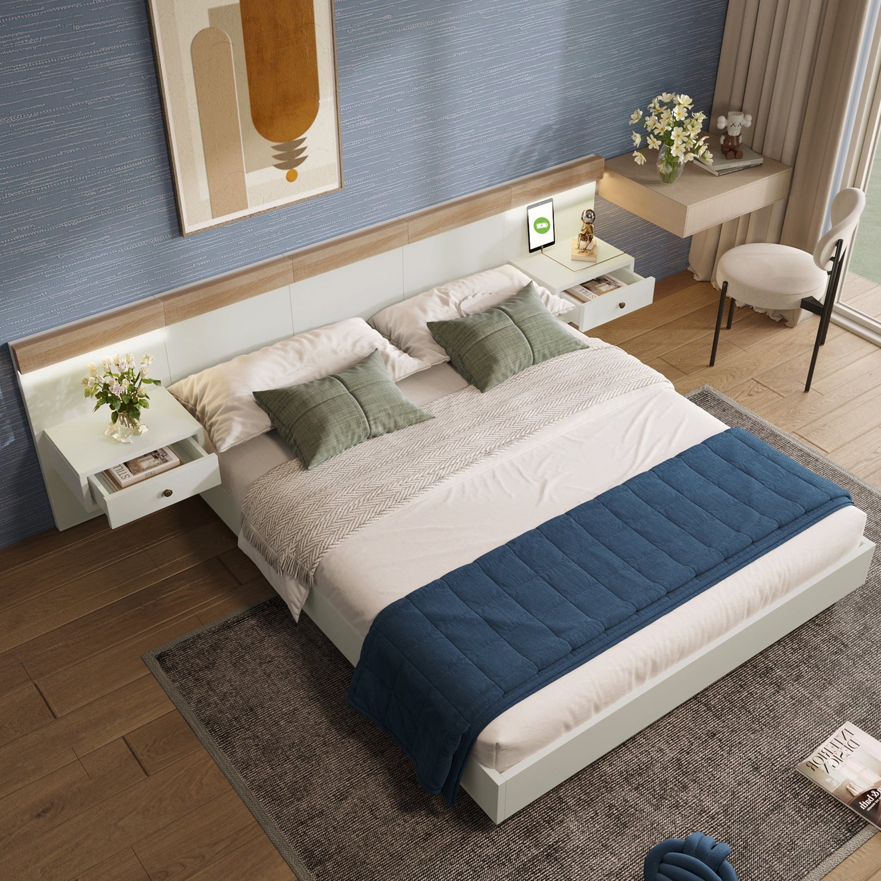 Double Bed Set, 160x200 cm, 2 LED Nightstands & USB C Socket, Wooden, Sonoma Oak/White